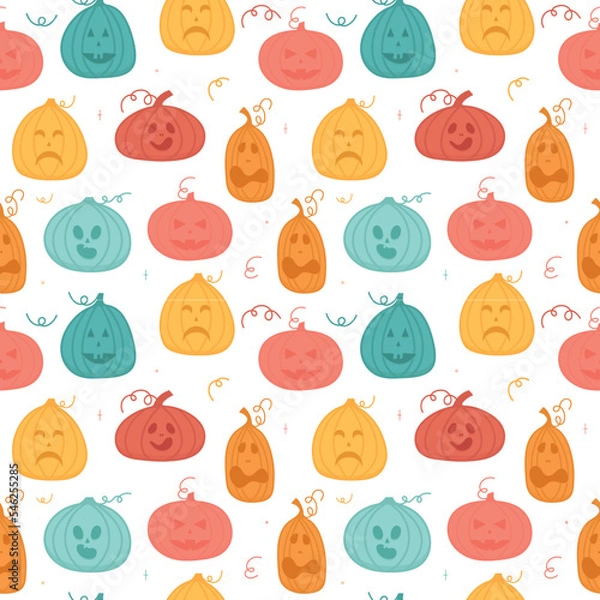 Obraz Autumn seamless rainbow pattern with cute pumpkins, decoration details elements isolated