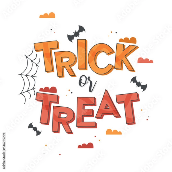 Fototapeta Happy halloween greeting cards lettering with trick or treat. Halloween greeting card calligraphy with clouds, spider web or bat. Hand drawn vector, creepy, spooky elements, sketch, icon.