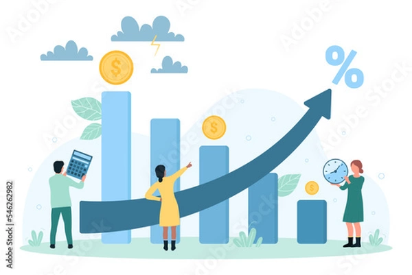 Fototapeta Impact of inflation on decline in income vector illustration. Cartoon tiny people look at percentage arrow increase and inflation growth, decrease in profit chart, unemployment and money loss