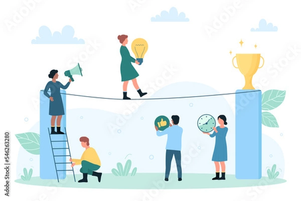 Fototapeta Risky difficult challenge and achievement, crisis management vector illustration. Cartoon tiny woman walking on balance tightrope to golden cup, talent employee leader carrying light bulb with risk