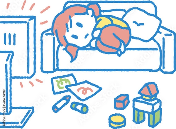 Fototapeta だらだらとテレビを観る女の子のイラスト