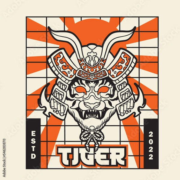 Fototapeta Samurai warrior mask. Traditional armor of Japanese warriors. Vector illustration, shirt graphic. All elements; mask, helmet, and colors are on separate layers and editable.	
