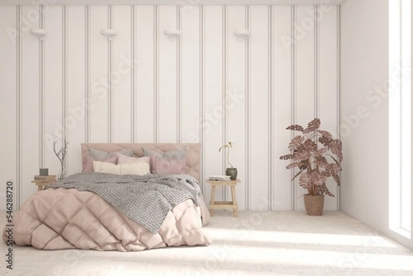 Fototapeta Soft color bedroom interior. Scandinavian design. 3D illustration