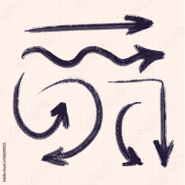 Obraz Vector arrows in different directions drawn with a brush by hand. Against the background of a checkered notebook.