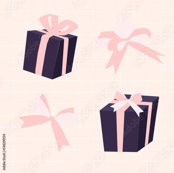 Obraz A hand-drawn gift in a purple package with a pink bow. Vector image on the background of a checkered notebook.