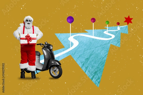 Fototapeta Artwork magazine collage picture of excited funky santa delivering moped x-mas presents isolated drawing background