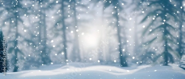 Fototapeta Christmas landscape with snow and fir tree. copy space