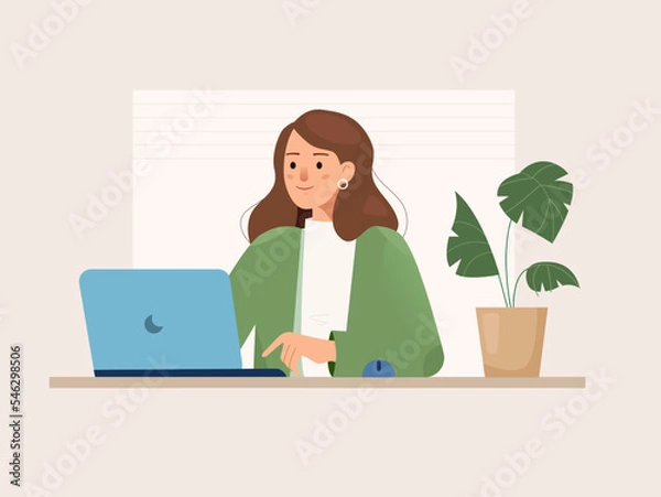 Fototapeta Working girl with computer on table. Vector illustration