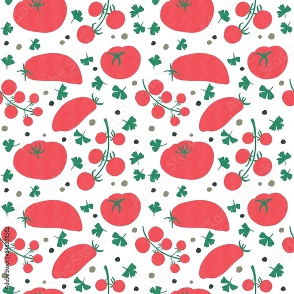 Fototapeta Seamless hand drawn background with fresh san marzano, round and cherry tomatoes with green herbs, parsley and pepper corn. Isolated on white background.