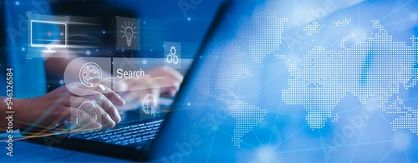 Obraz technology about internet of thing concept. IoT, Internet of Things, global network, E-learning, online study concept. Business person working on laptop computer and digital tablet..