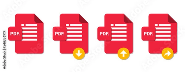 Fototapeta Vector of PDF download icon, PDF upload icon,and PDF share icon. PDF file logo with download, upload and share label. Portabel document format vector logo. downloading and uploading document concept.