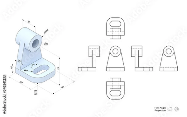 Fototapeta Technical drawing of a 3D model with a perspective and orthogonal views. First angle projection method. Part of a series.