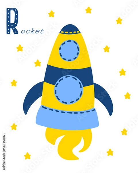 Fototapeta Yellow rocket cartoon style with sign Rocket and stars. isolated on white background. Letter R learning. Vector.