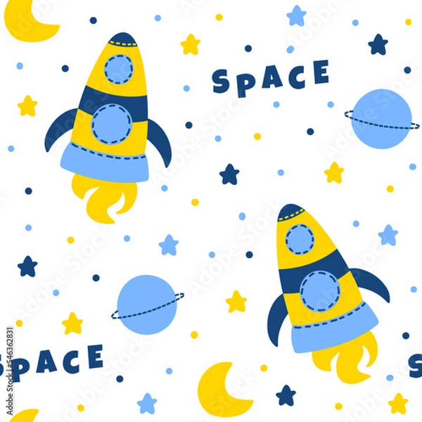 Fototapeta Childish seamless pattern with hand drawn Yellow rocket cartoon with stars.Perfect for kids apparel,fabric, textile, nursery decoration,wrapping paper. Vector