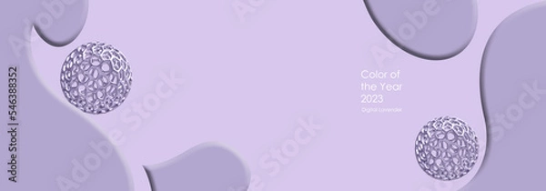 Fototapeta Digital Lavender Color of the Year 2023. Abstract futuristic fluid background over lavender pastel. Text Color of the year 2023 Digital Lavender. Minimalist design. 3D illustration