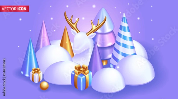 Fototapeta Realistic 3D Isometric illustration. Christmas card with New Year decorations. Christmas trees, gifts and a white deer with golden horns. Merry Christmas 2023. Vector for web Design
