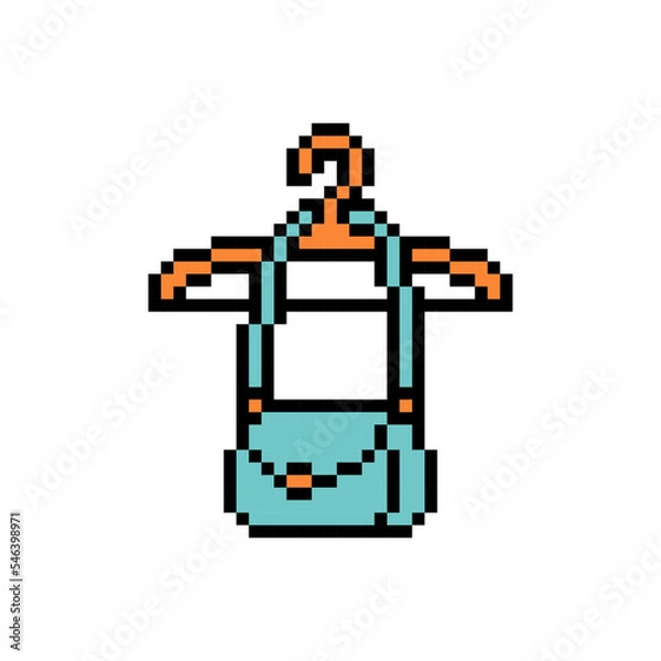Fototapeta Pixel art symbol of a blue cross body bag on a hanger isolated on white background. Women's fashion accessory icon. Old school retro vintage 90s, 80s 8 bit slot machine, video game graphics.