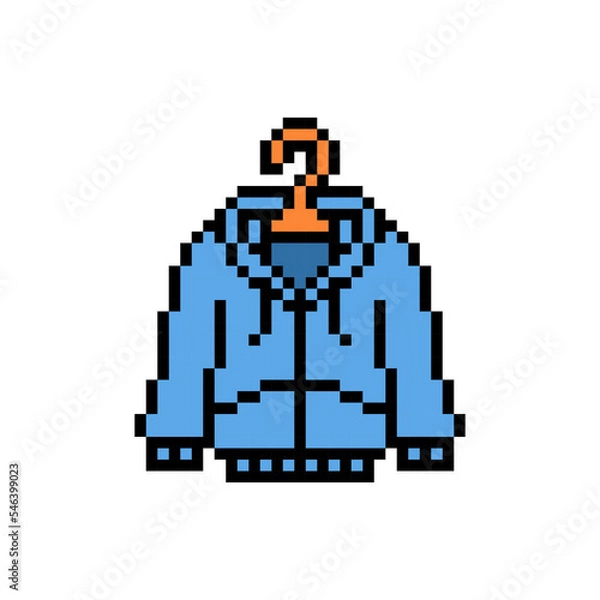 Fototapeta Pixel art symbol of a blue hoodie with a zipper on a hanger isolated on white background. Long sleeve sweatshirt, 8 bit icon. Old school retro vintage 90s, 80s slot machine, 2d video game graphics