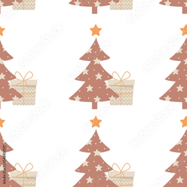 Fototapeta Seamless pattern with boho new year trees with gift boxes in beige color
