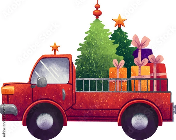 Fototapeta New Year's illustration of a red pickup truck with a Christmas tree in the trunk for the new year with gifts