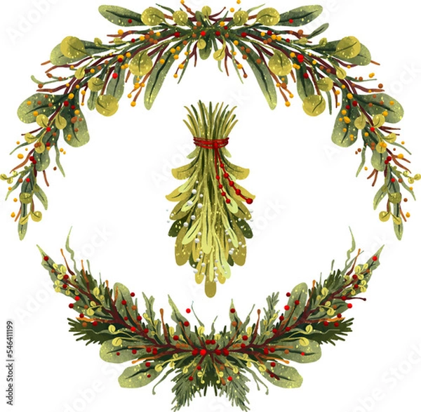 Fototapeta set of illustrations New Year's leaves and wreaths mistletoe for Christmas