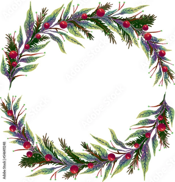 Fototapeta a beautiful illustration of a New Year's wreath made of soft green twigs and holly leaves or a Christmas tree with red berries