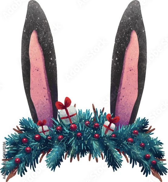 Fototapeta New Year's illustration The ears of a New Year's black rabbit from a wreath with berries and gifts stick out for children decoration