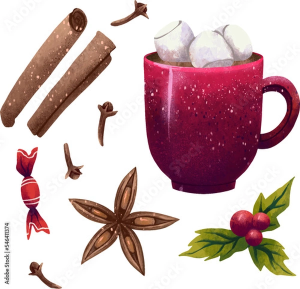 Fototapeta New Year's set of illustrations cocoa in a red mug with marshmallow cinnamon seasonings cloves coriander candy and holly