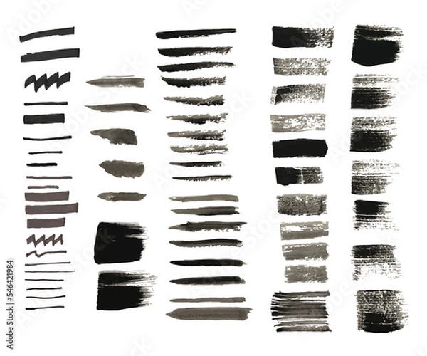 Fototapeta Vector collection of artistic grungy black paint hand made creative brush stroke set isolated on white background.	