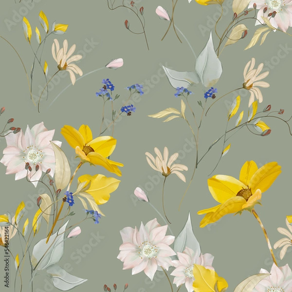 Fototapeta Blooming meadow Watercolor Seamless Pattern. A Pattern for fashion and print.  