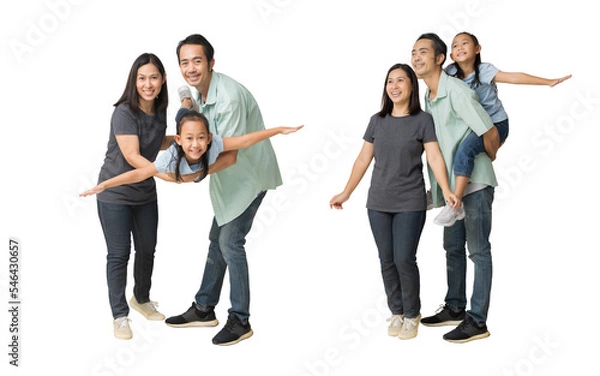 Obraz Happy asian family of father, mother and daughter hug spread out your arms, isolated on white background