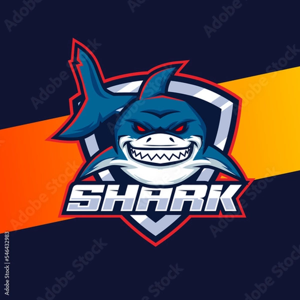 Obraz aggressive mad shark mascot character logo design with badge for sport game
