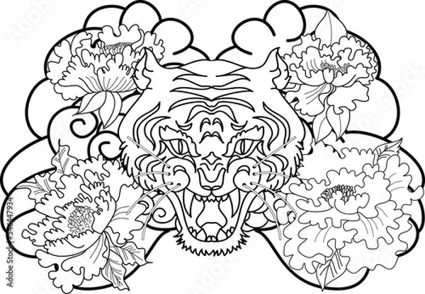 Fototapeta black and white Lucky lion tattoo design.Chinese lion statue with iris flower,Chrysanthemum flower and cherry blossom.
