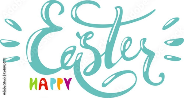 Fototapeta Happy easter, blue easter inscription wish, text for design, funny childish lettering isolated on white background. Spring Christian holiday.