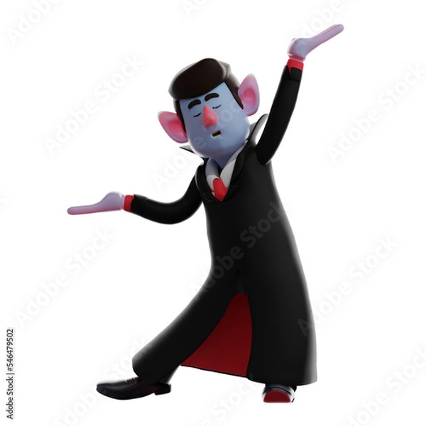 Fototapeta   3D illustration. 3D Dracula Vampire character image with a cute dancing pose. opened his arms wide. with his eyes closed. 3D Cartoon Character