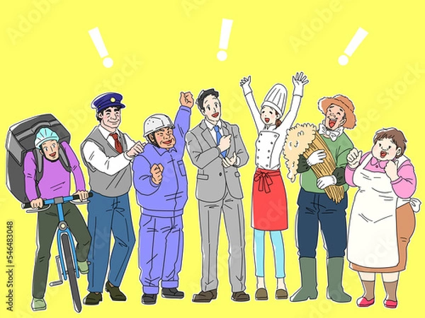 Fototapeta 笑顔の個人事業主（フリーランス）のイラスト　ビックリマークの背景