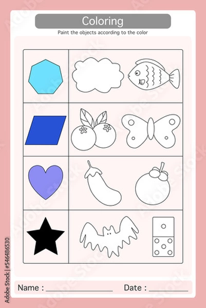 Obraz Worksheet paint the according to the color. Learning materials for preschool kids. Logical game for kindergarten.