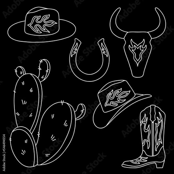 Obraz Cowboy western vector collection. Cowboy boot, hat, bull skull, horseshoe, cactus in silhouette.