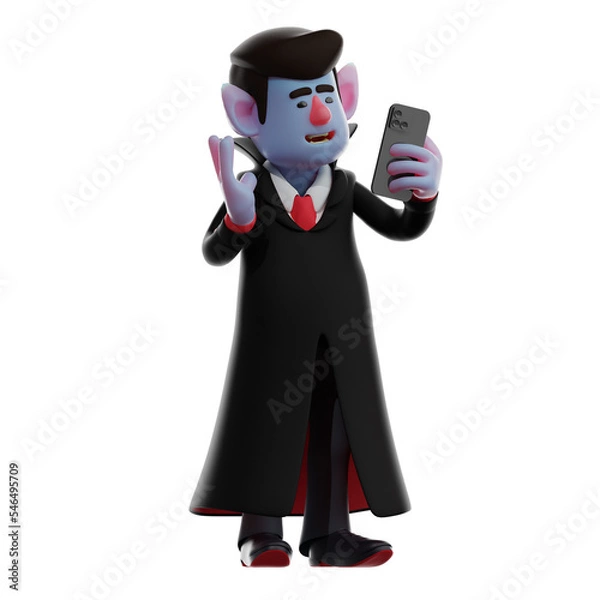 Fototapeta 3D illustration. Charismatic 3D Dracula Vampire Cartoon Image makes selfie. with two finger pose. Showing a funny laughing expression. 3D Cartoon Character