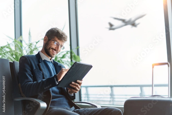 Obraz business man using a digital tablet during a business trip.