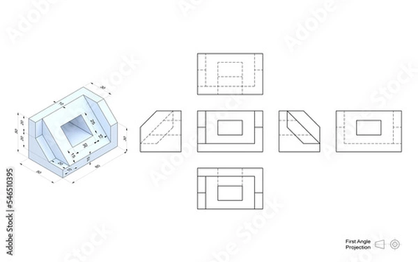Fototapeta Technical drawing of a 3D model with a perspective and orthogonal views. First angle projection method. Part of a series.