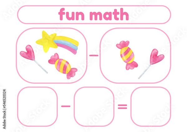 Fototapeta Activity page, sheet for kids. Arithmetic task with sweets and a rainbow. A game for teaching a child to count. An exercise for learning numbers. A lesson with mathematical examples for a preschooler.