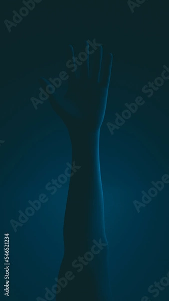 Fototapeta Close-up of a raised hand. Blue illumination.