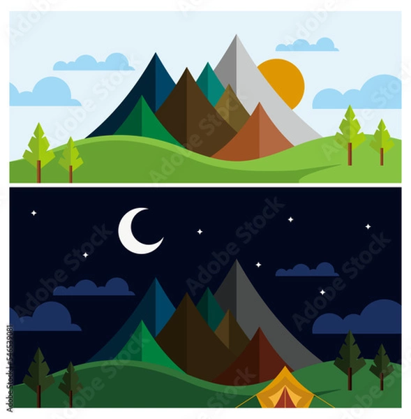 Fototapeta Modern minimalist vector image of mountain landscape during day and night with sun, moon, stars, clouds, trees and tent. Seven summit mountains.