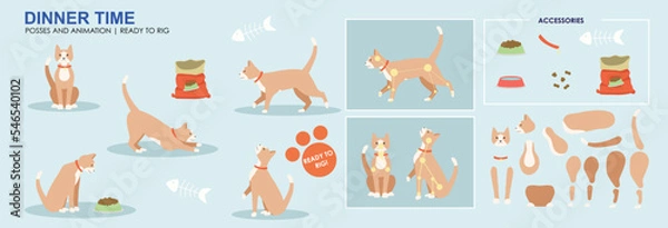 Obraz Cute Ginger cat dinner time, eating snacks food fish, multiple poses, positions. Vector broken down ready to rig and animate, cartoon cat playing eating. Animation 