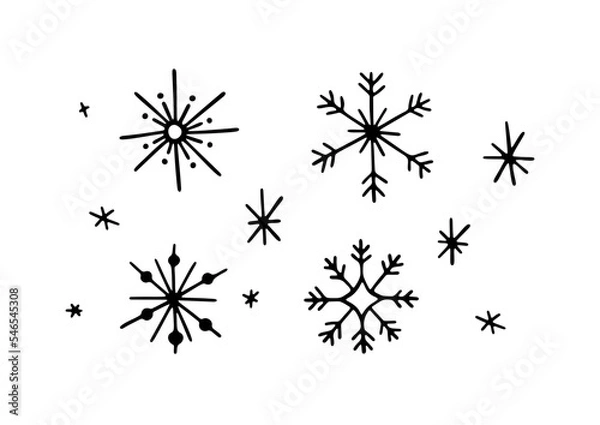 Obraz Hand drawn Christmas snowflakes isolated on white. Winter decorative elements for Christmas design, prints, posters. Various linear vector snowflakes. New Year celebration set in doodle style