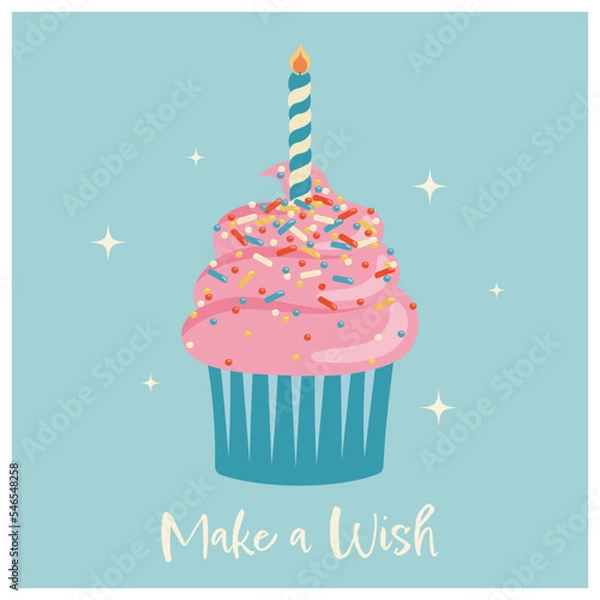 Fototapeta Happy birthday greeting card with cupcake.