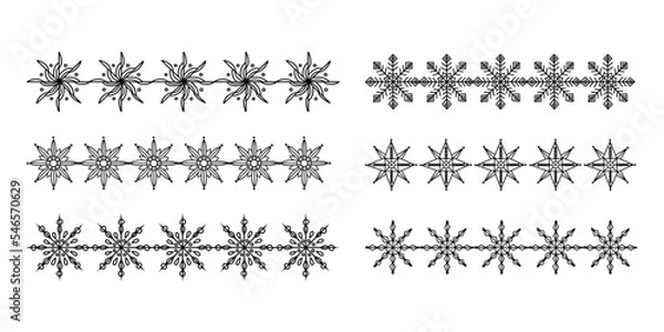 Fototapeta Set of chains, ribbons from snowflakes. Hand drawn black outline snowflakes. Vector illustration for New Year holiday garlands.