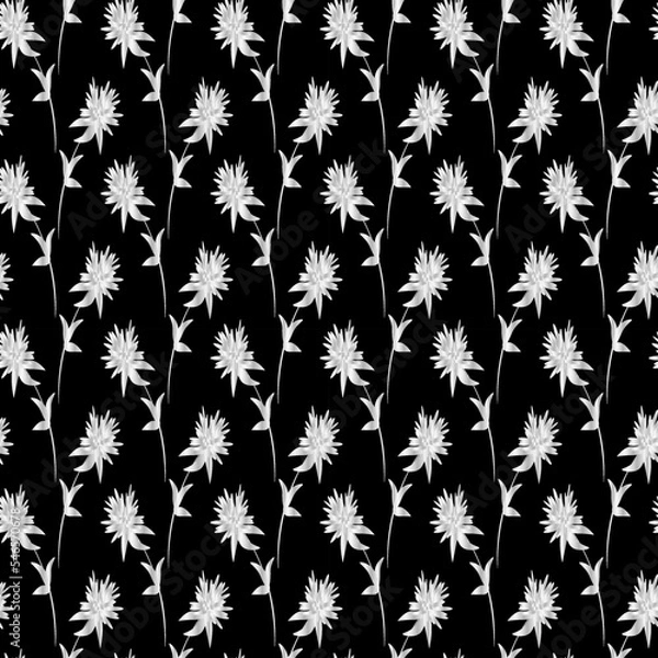 Fototapeta Chrysanthemum flowers in white and gray gradient colors on black background. Floral pattern in Japanese style. Seamless background, vector pattern. For design packaging, textiles.