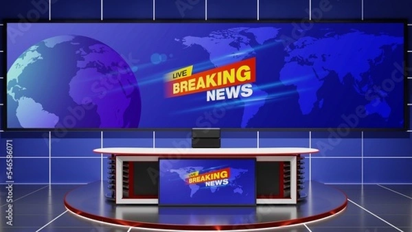 Fototapeta white table on stand with led screen background in the blue news studio room.3d rendering.	
